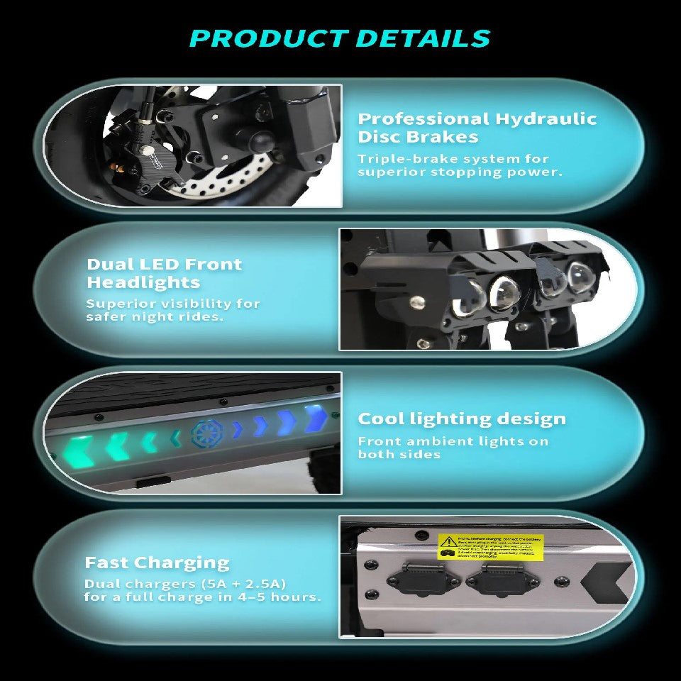 Trottinette électrique OOTD T30 3200 W à trois roues, avec double chargeur, noire