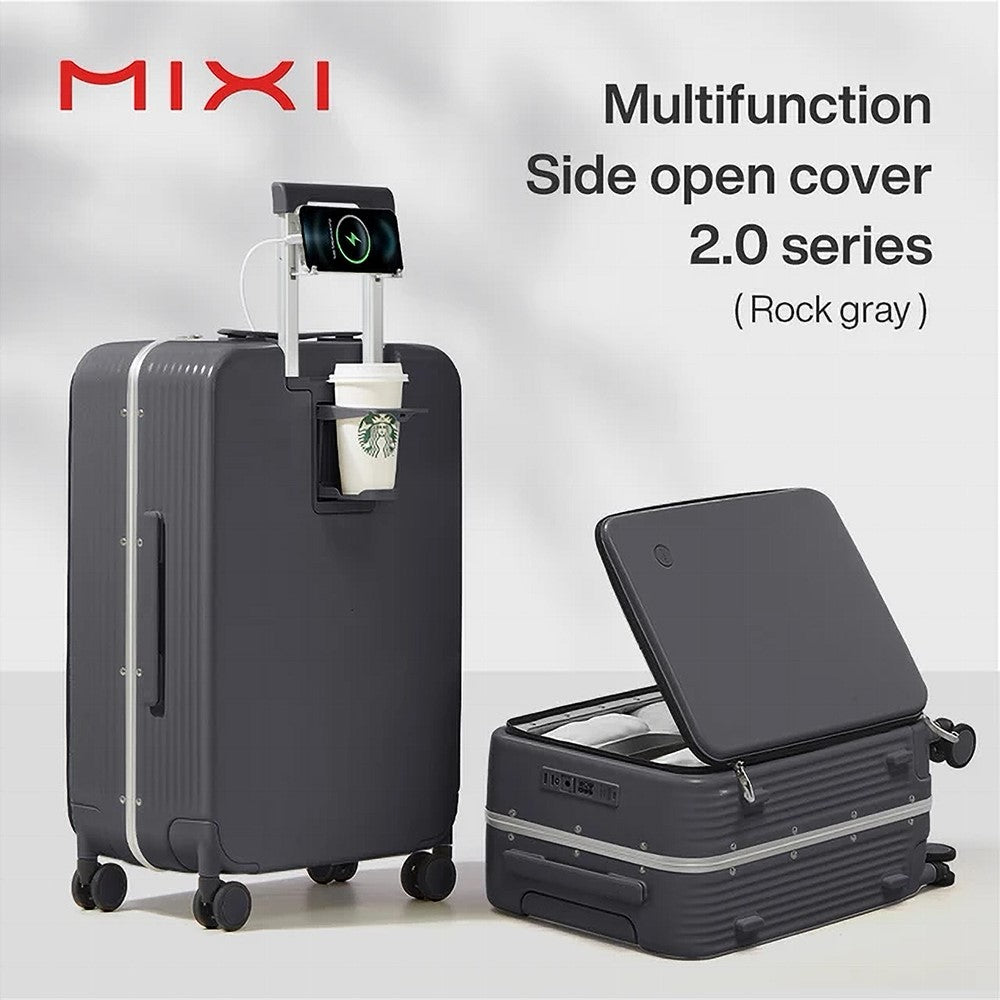 Bagage Cabine avion SANIE MIXI pour homme et femme cadre en aluminium avec port USB, bagage à main à roulettes, cabine d'embarquement, support de téléphone et support tasse, en 20 ou 24 pouces