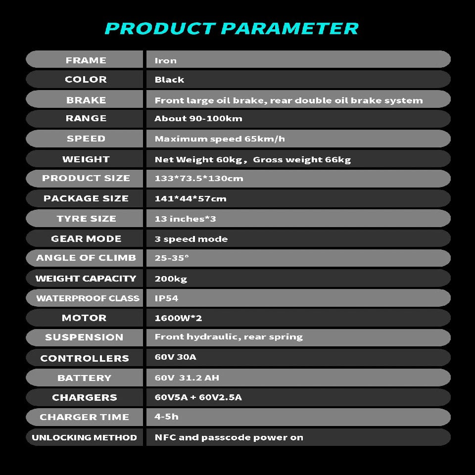 Trottinette électrique OOTD T30 3200 W à trois roues, avec double chargeur, noire