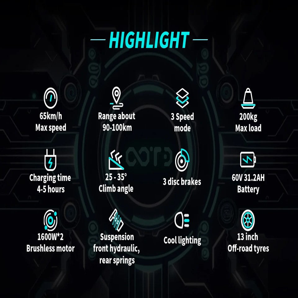 Trottinette électrique OOTD T30 3200 W à trois roues, avec double chargeur, noire