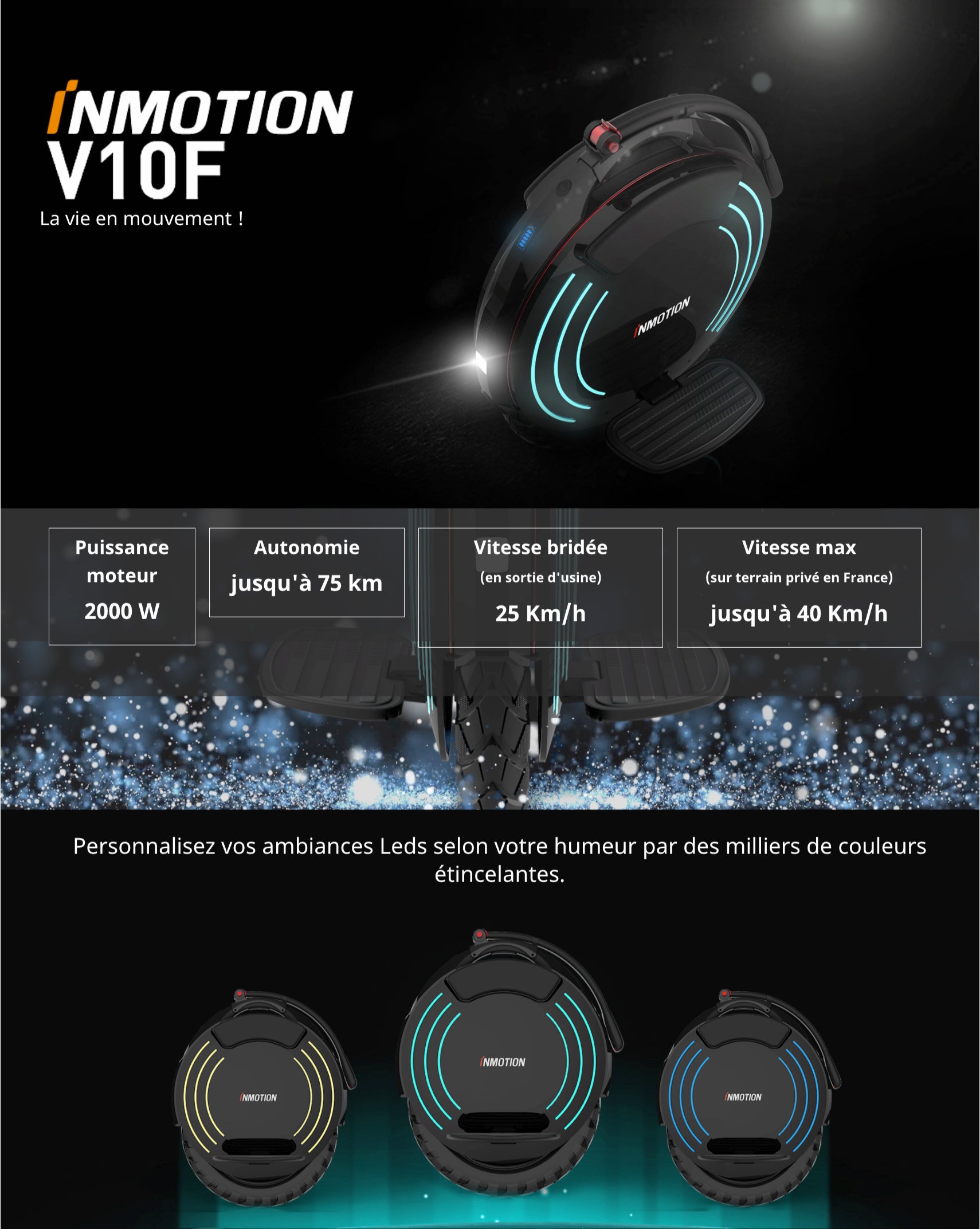 Gyroroue INMOTION V10F monocycle moteur 2000W auto équilibre